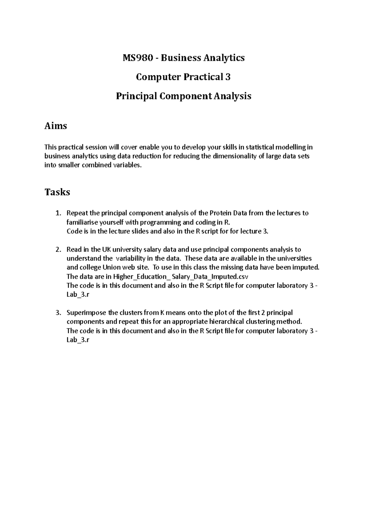 Lab 3 - Lab 3 Solutions - MS980 - Business Analytics Computer Practical ...