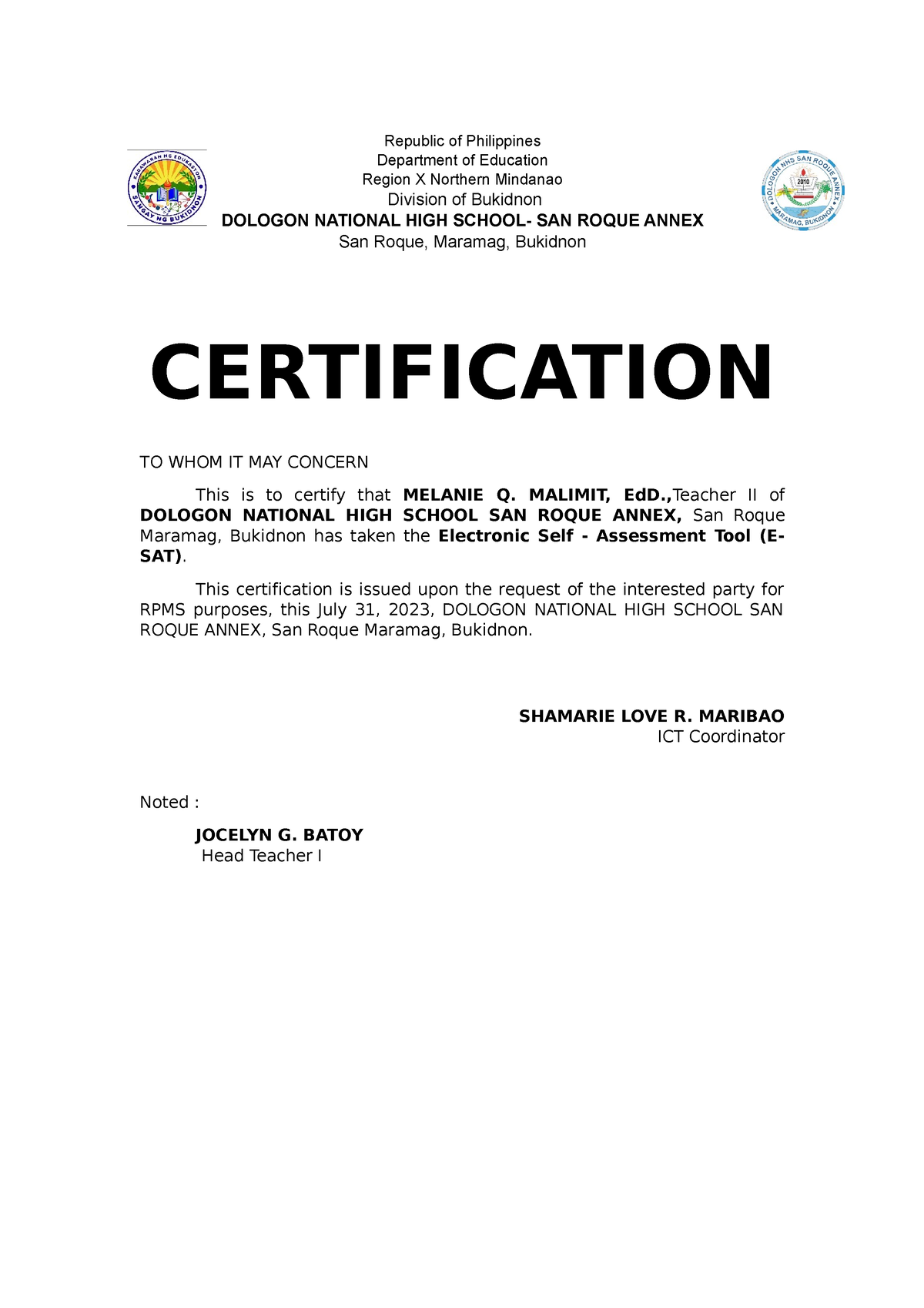 Cert for ICT - Sample only - Republic of Philippines Department of ...