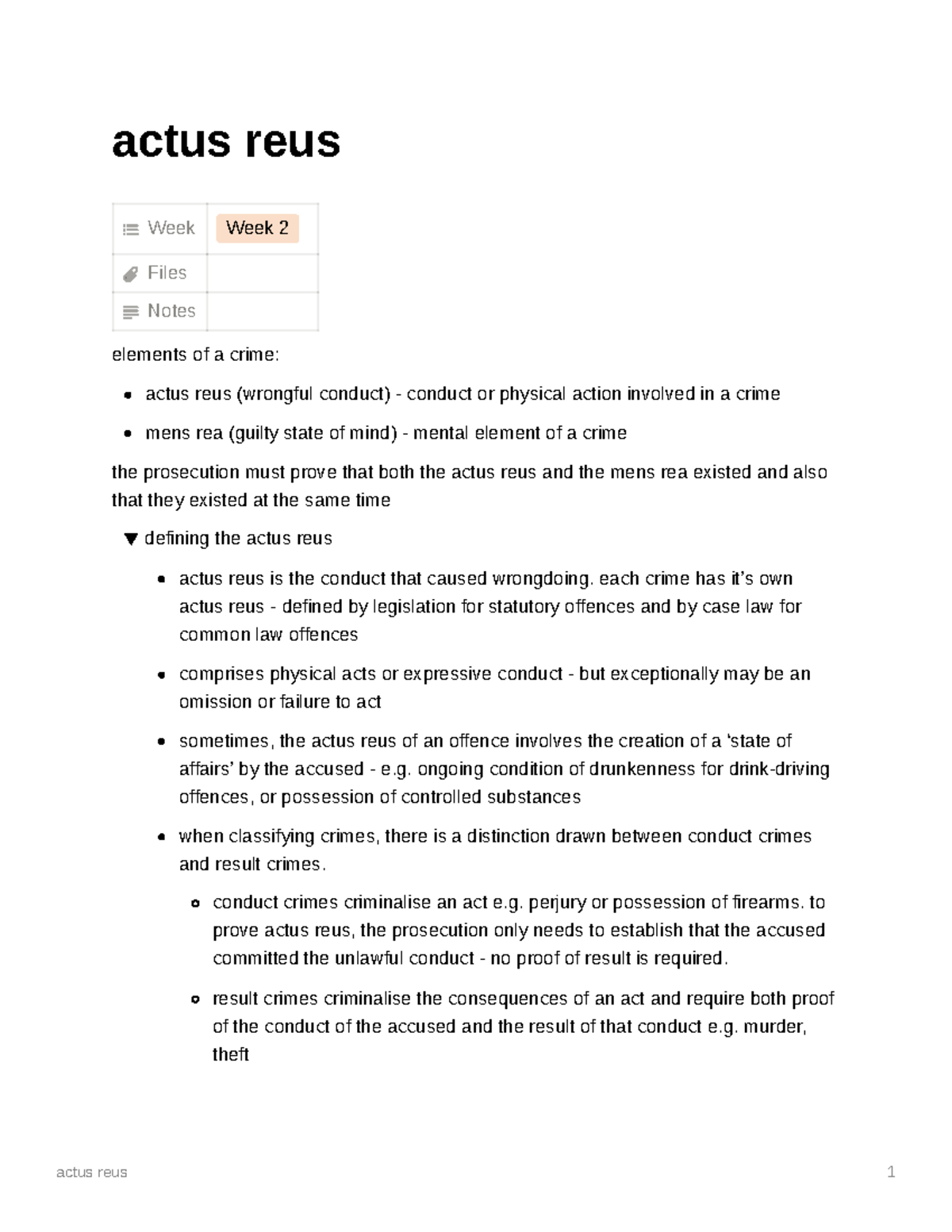 Actus reus notes - actus reus Week Week 2 Files Notes elements of a ...