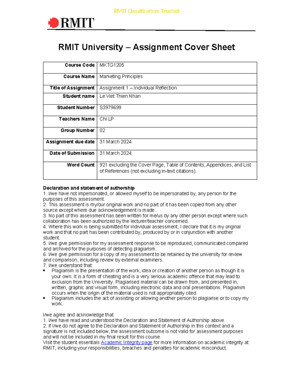 HN Group 02 Le Viet Thien Nhan s3979699 RMIT University Assignment Cover Sheet Course Code
