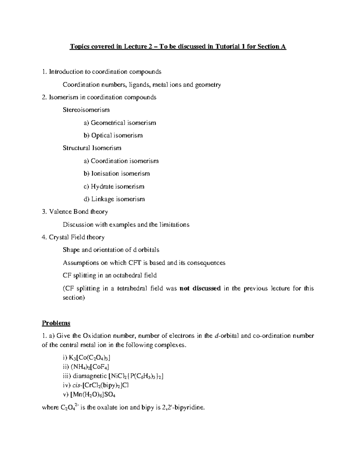 Tut1A - Assignment 1 - Topics covered in Lecture 2 To be discussed in ...