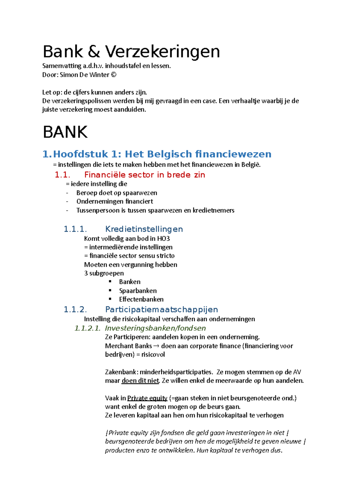 Samenvatting-BV - Bank Verzekeringen Samenvatting A.d.h. Inhoudstafel ...