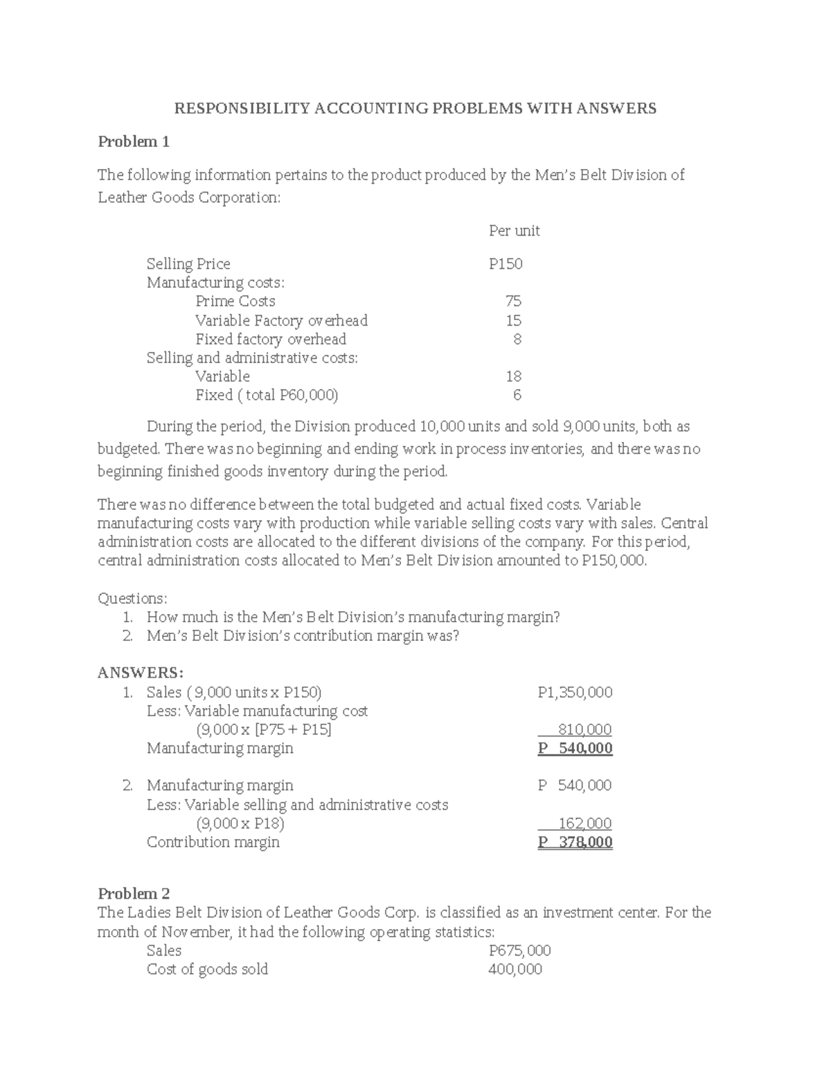 Resposibility Accounting Problems go - RESPONSIBILITY ACCOUNTING ...
