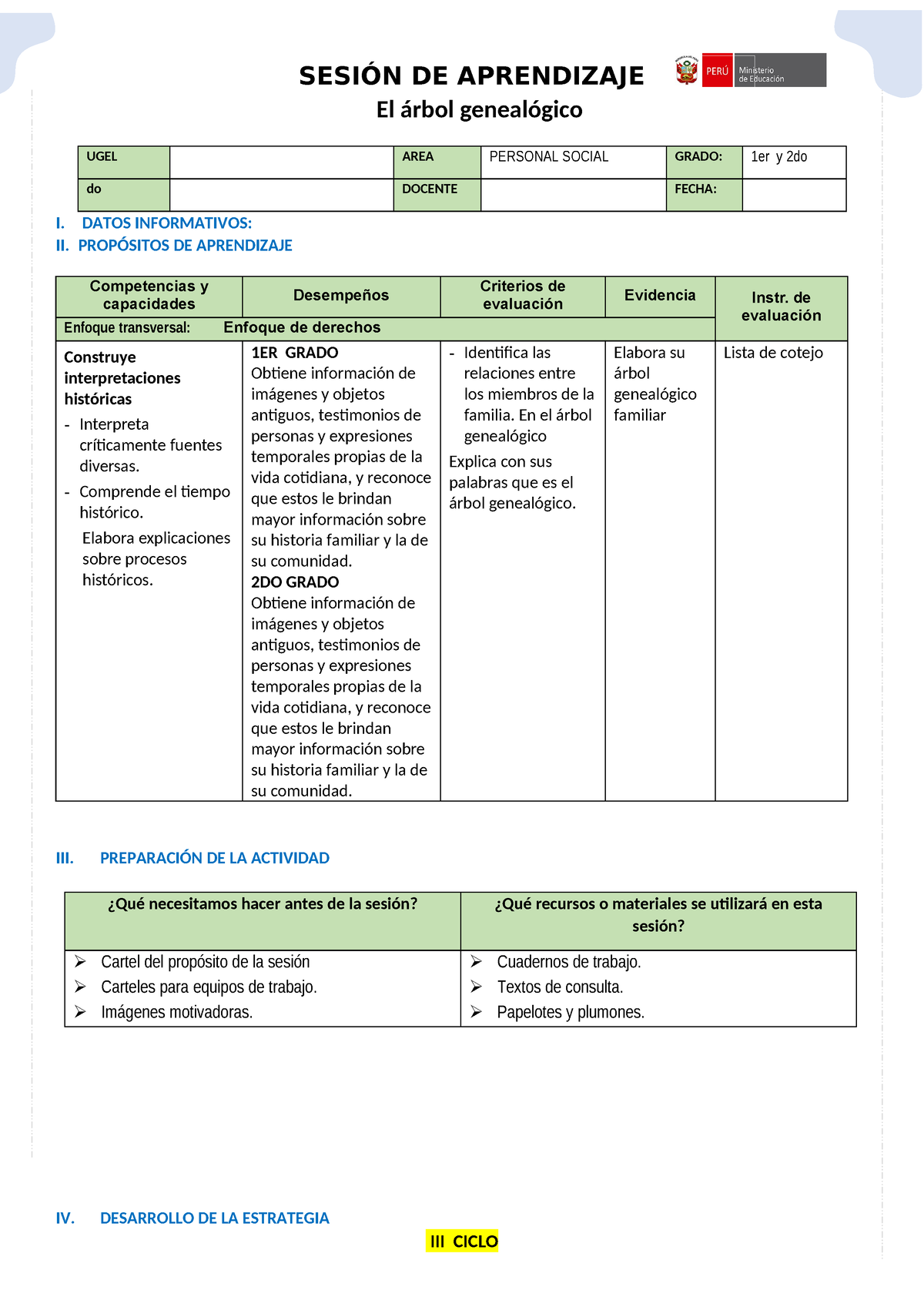 17 De Mayo Ps El árbol Genealógico Iii Ciclo Ugel Area Personal Social Grado 1er Y 2do Do 1130