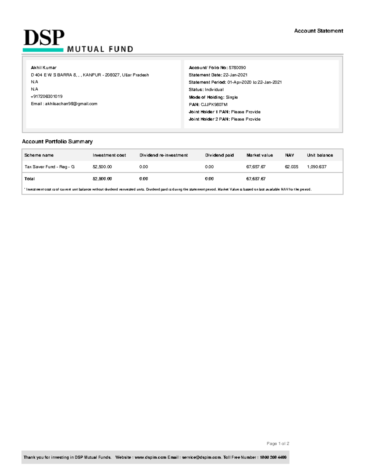 DSP Mutual Fund - good - Page 1 of 2 Thank you for investing in DSP ...