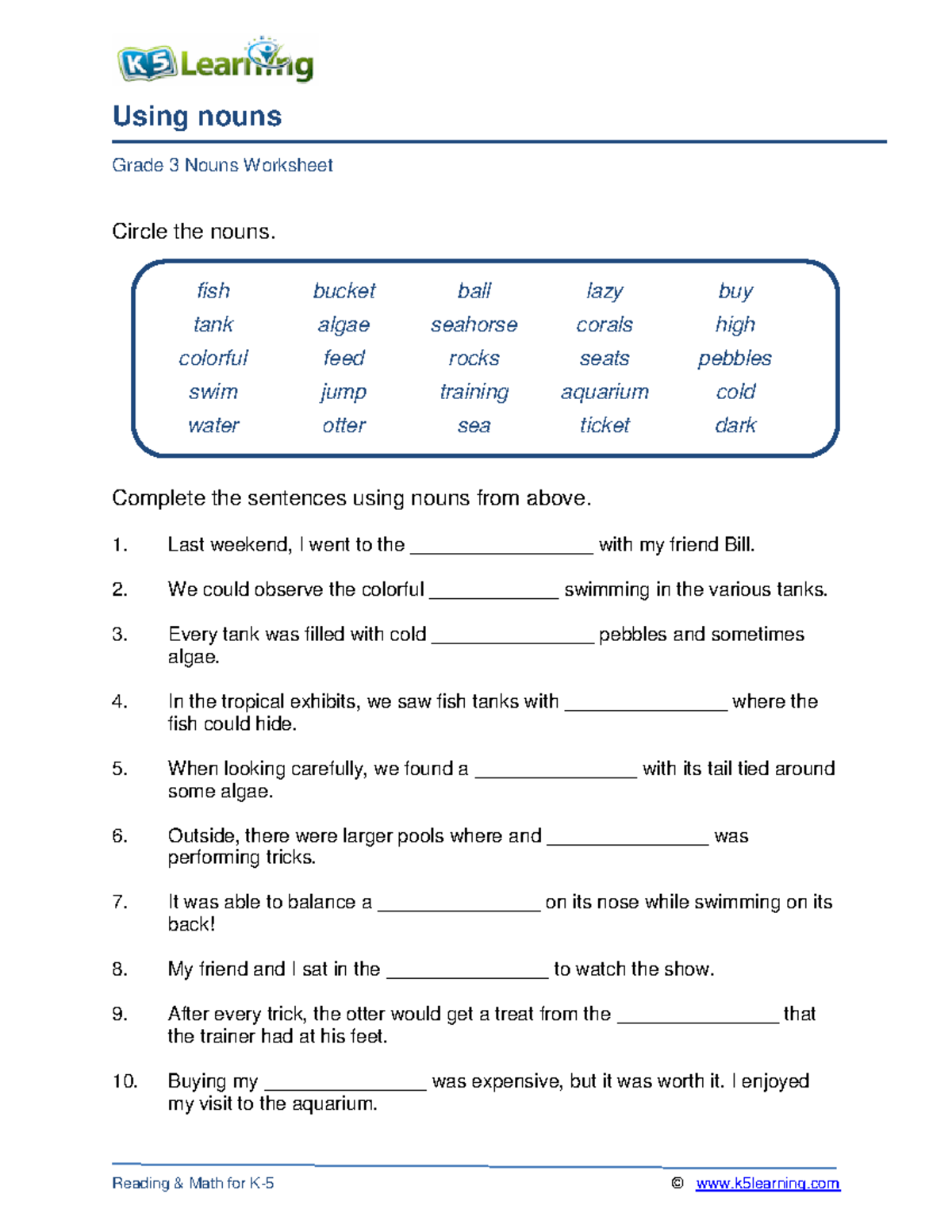 Grammar worksheet grade 3 nouns 0 - Using nouns Grade 3 Nouns Worksheet ...