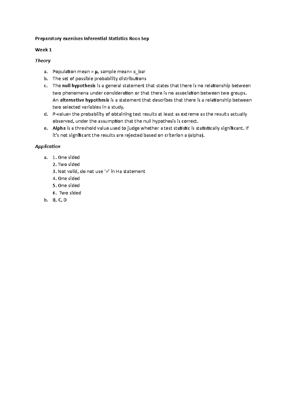 Preparatory exercises Inferential Statistics Population mean = μ