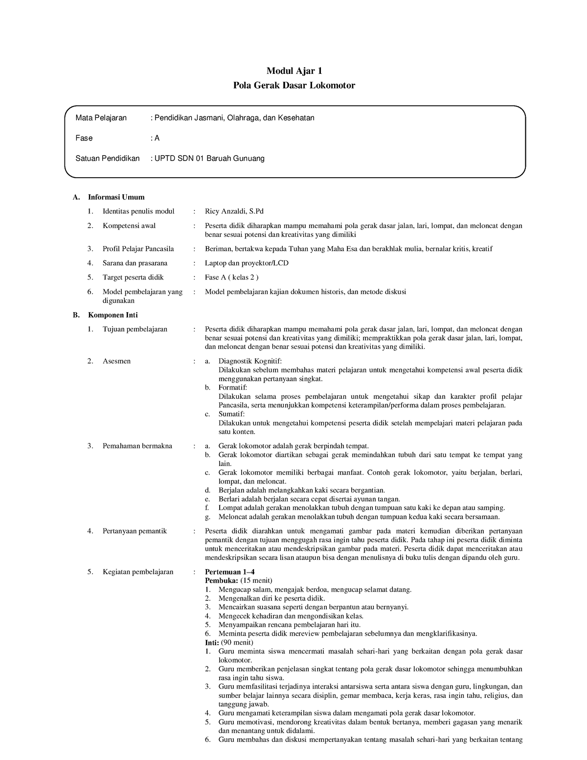 Aksi Nyata - Modul Ajar 1 Pola Gerak Dasar Lokomotor A. Informasi Umum ...