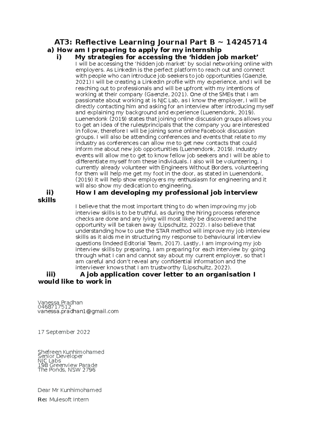 AT3- Refelective Learning Journal Part B - AT3: Re昀氀ective Learning ...