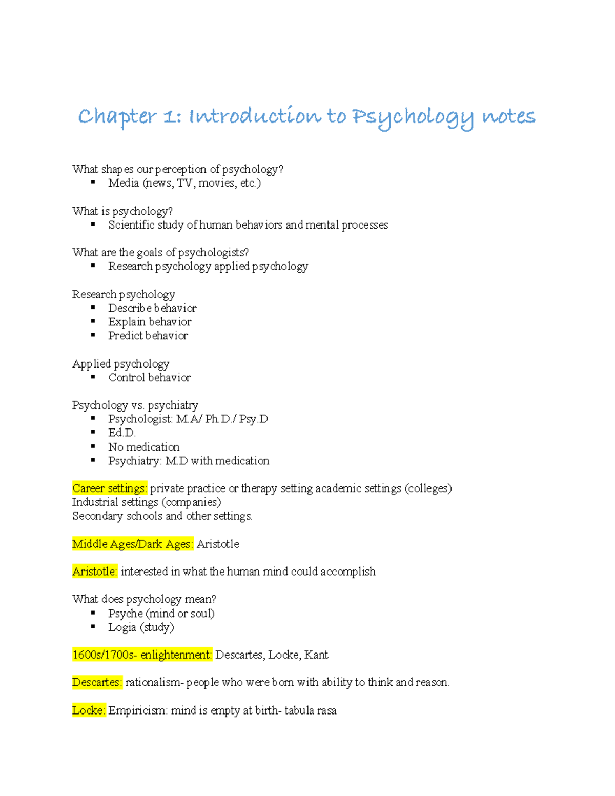 Chapter 1 Psychology Notes - Chapter 1: Introduction To Psychology ...