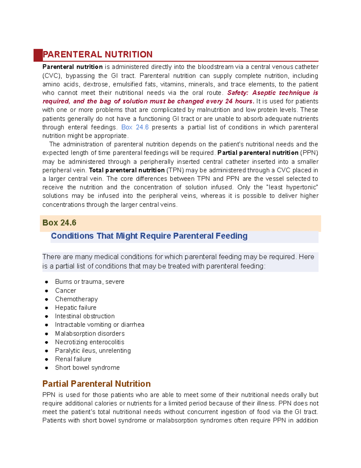 Ch 24- TPN pg 469 - Just typed notes - PARENTERAL NUTRITION Parenteral ...