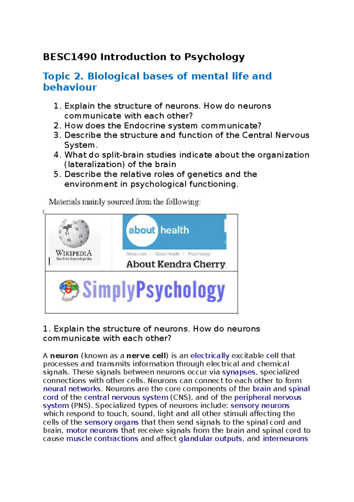 Topic 2 psych notes - BESC1490 Introduction to Psychology Topic 2 ...