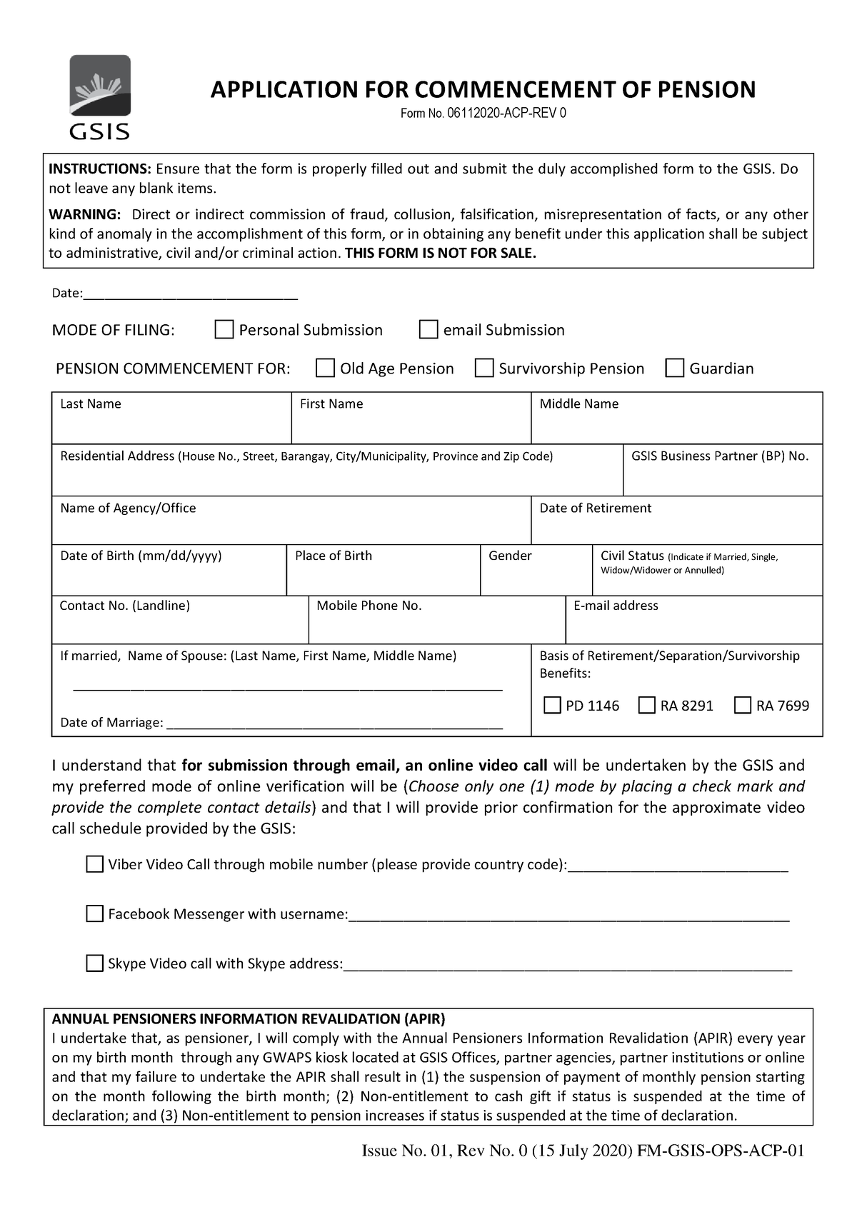 202007 29 Forms Application Commencement Pension - Issue No. 01, Rev No ...