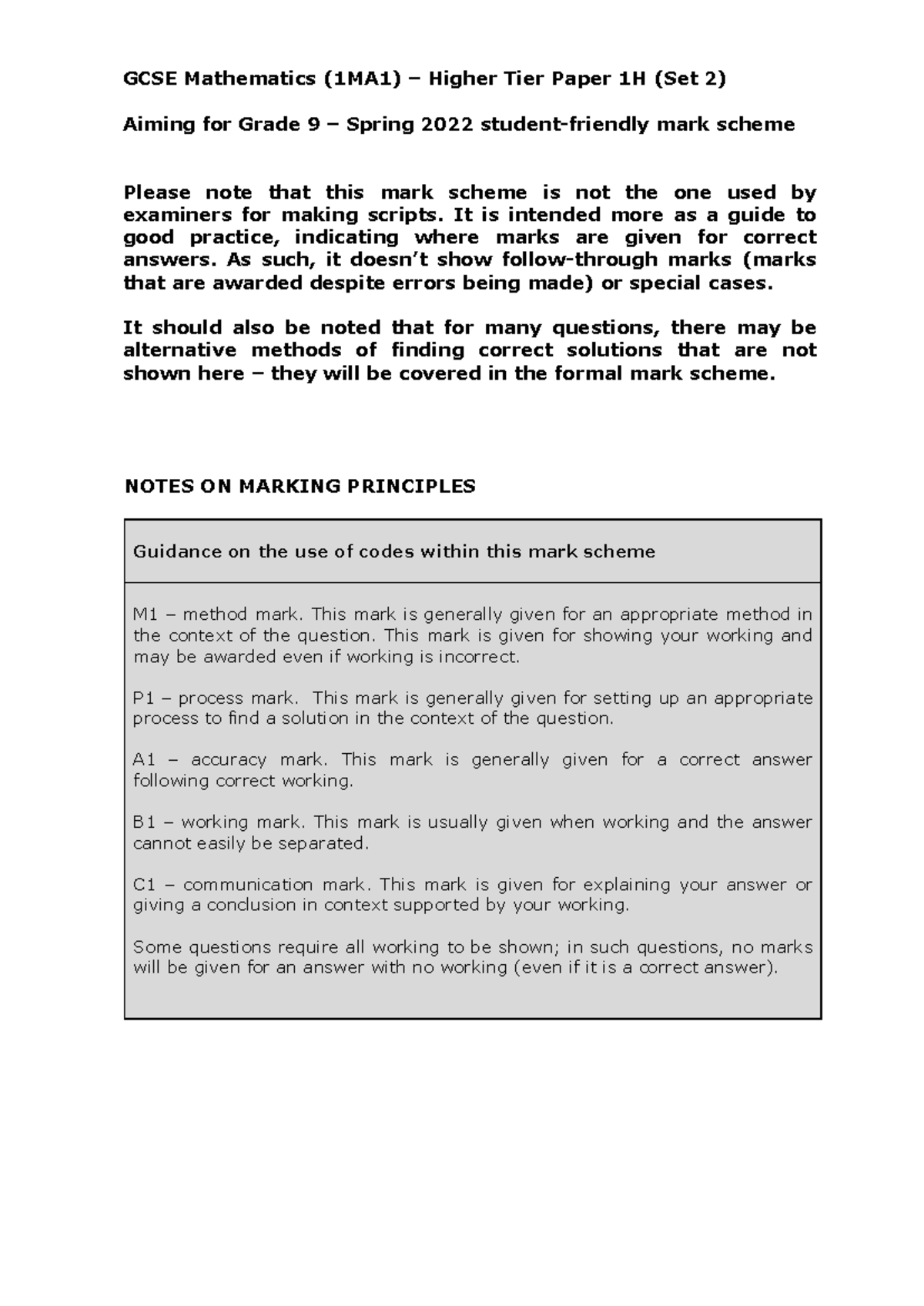 Aiming For 9 (Set 2) Practice Paper 1H MS - GCSE Mathematics (1MA 1 ...
