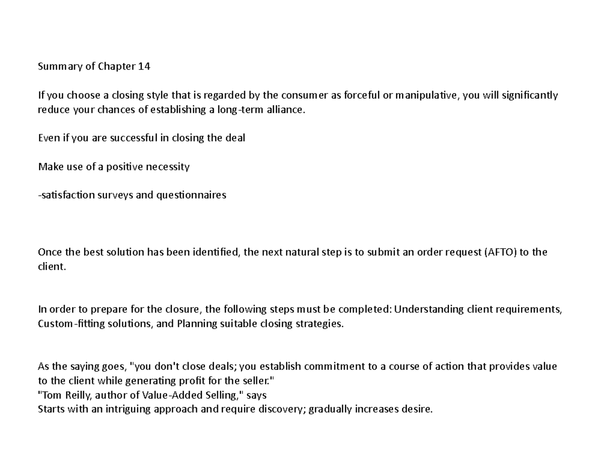 Summay of Chapter 14 - Summary of Chapter 14 If you choose a closing ...