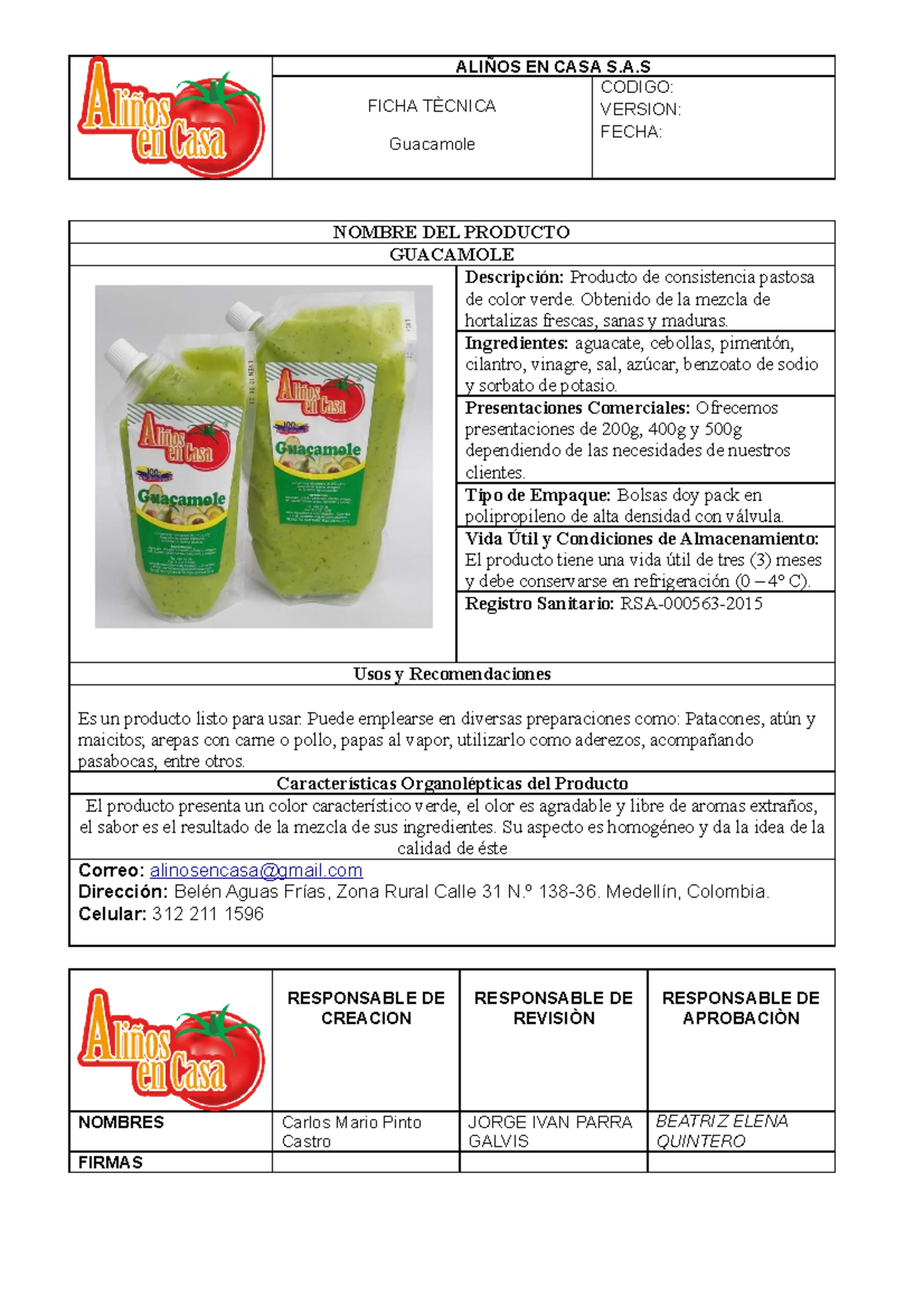 Ficha Tecnica Guacamole Lista 12 ALIÑOS EN CASA S.A FICHA TÈCNICA