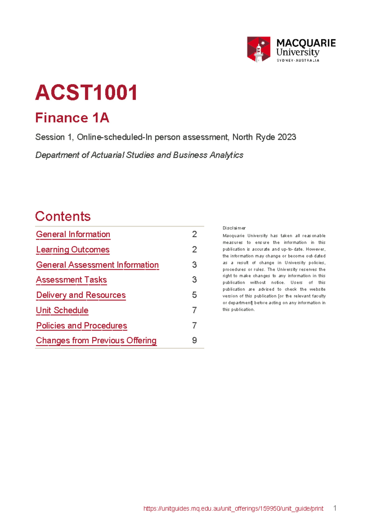 Unit Guide ACST1001 2023 Session 1, Online-scheduled-In person ...