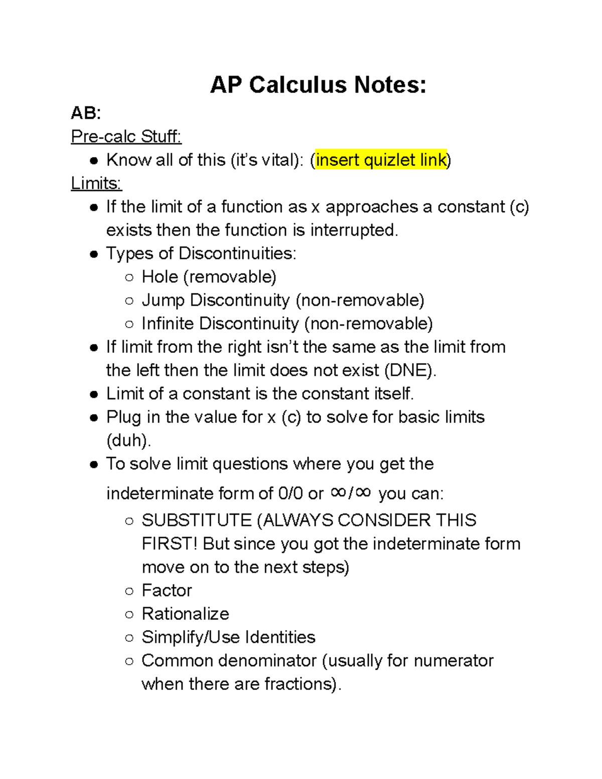 AP Calc Notes - Whole Course Summarized In Steps On How To Do ...