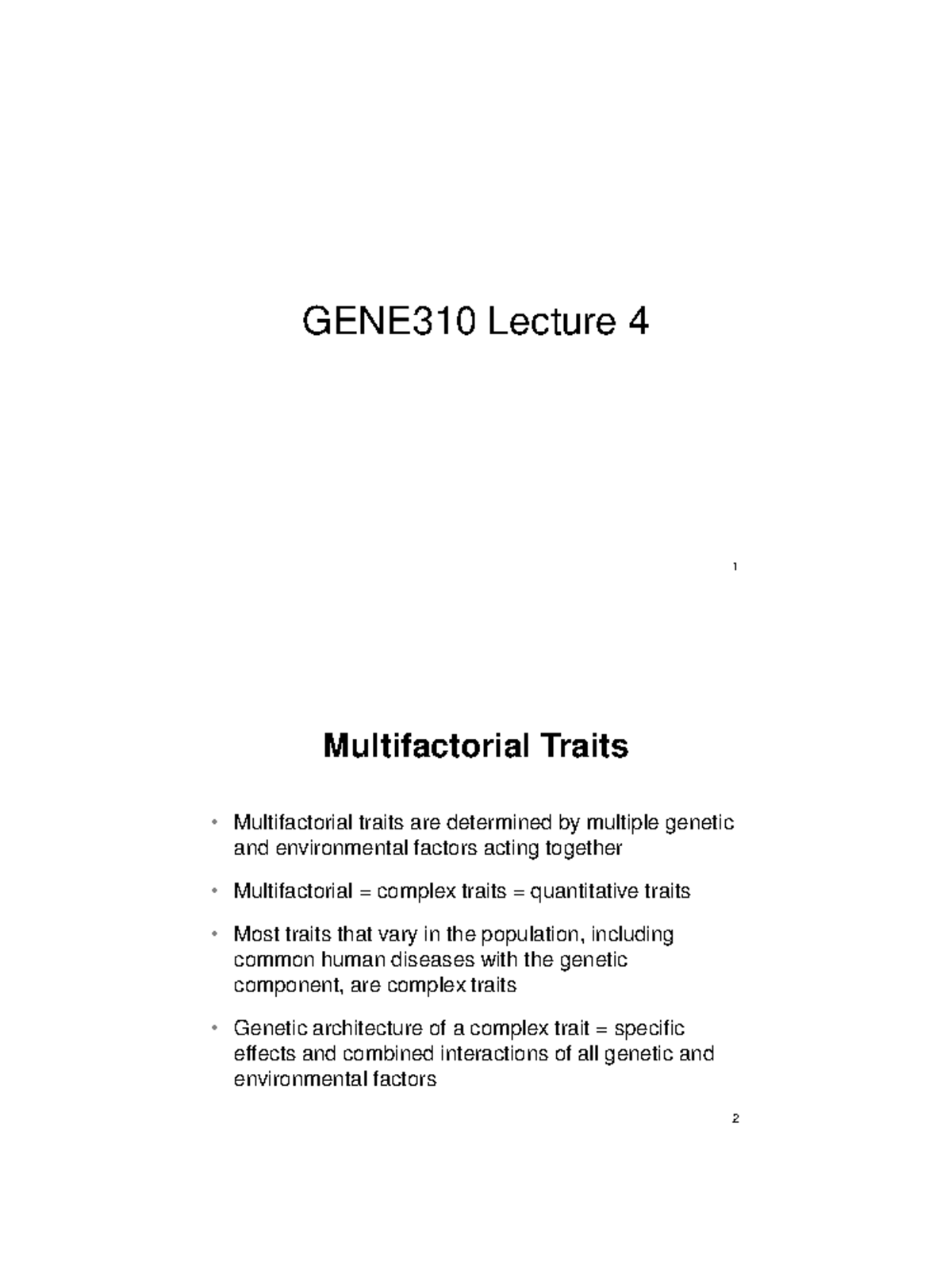 Heritability Notes - GENE310 Lecture 4 1 Multifactorial Traits ...