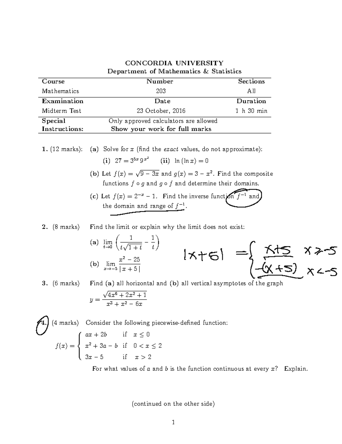 2016 Fall Midterm 2 CONCORDIA UNIVERSITY Department of Mathematics & Statistics Course Number