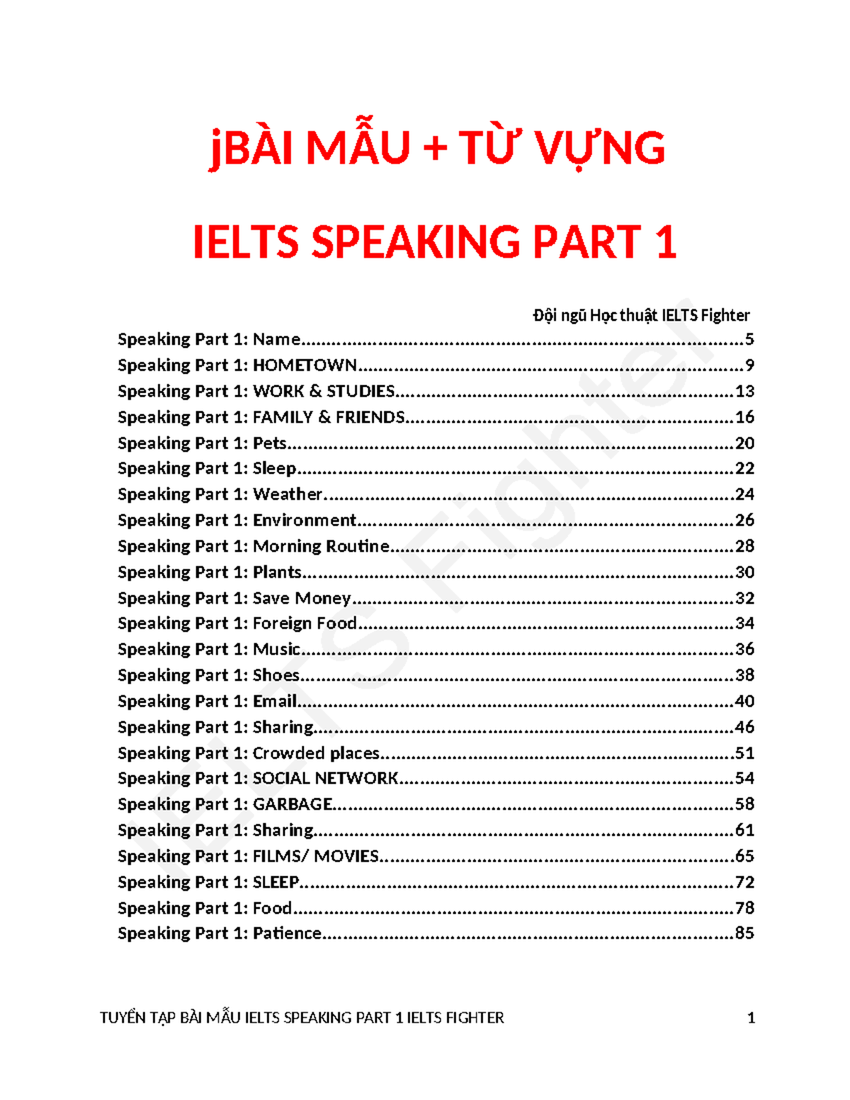 Tuyển tập bài mẫu Speaking Part 1 bởi Ielts Fighter 2022 - jBÀI MẪU ...