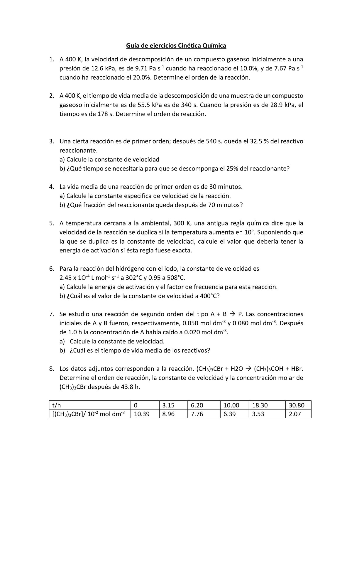 Gu Ã­a De Ejercicios Cin Ã©tica Qu Ã­mica - Guía De Ejercicios Cinética ...