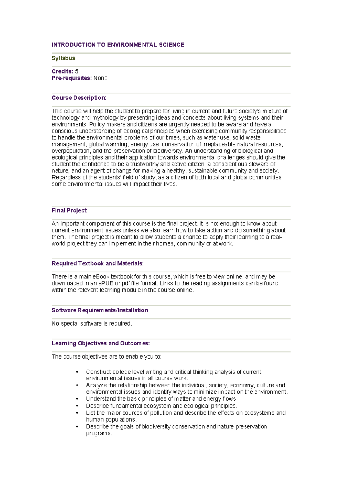 Introduction TO Environmental Science Syllabus - INTRODUCTION TO ...