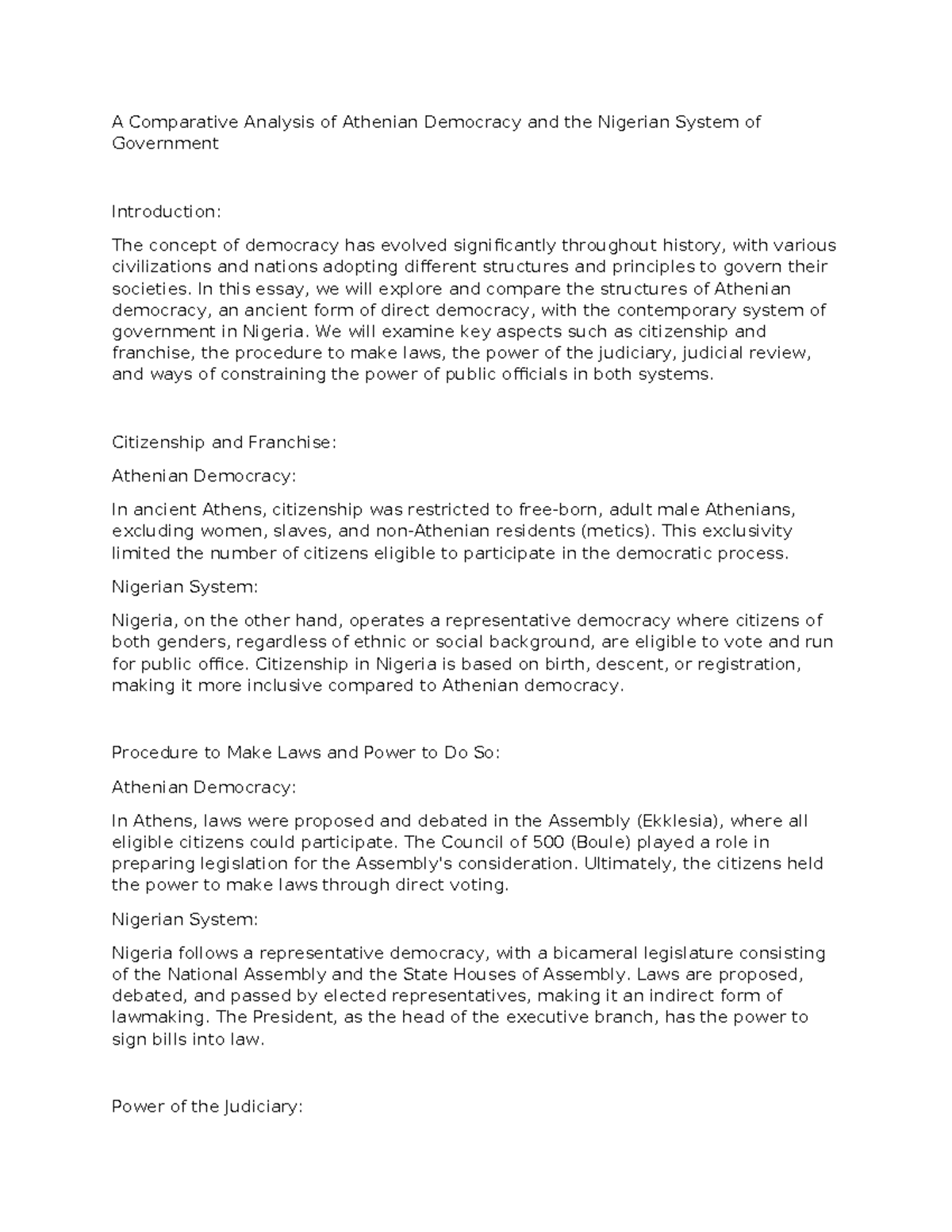 A Comparative Analysis of Athenian Democracy and the Nigerian System of ...