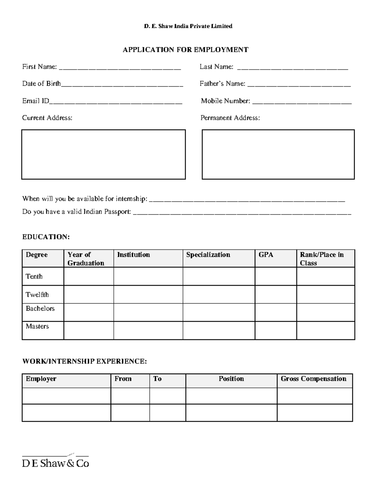 Application for Employment Internship - D. E. Shaw India Private ...