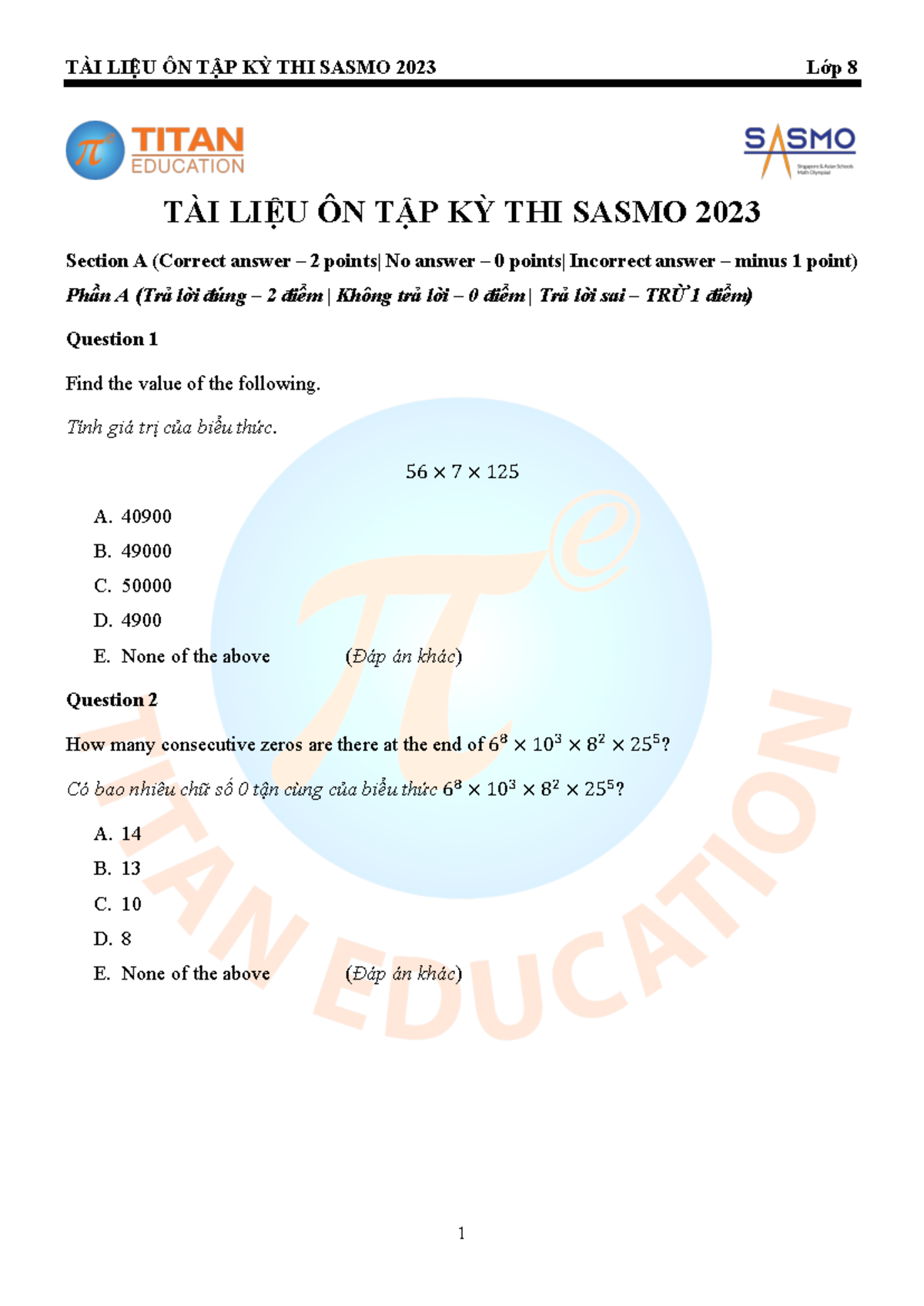 Tai Lieu On Tap Sasmo 2023 Grade 8 - TÀI LIỆU ÔN TẬP KỲ THI SASMO 2023 ...