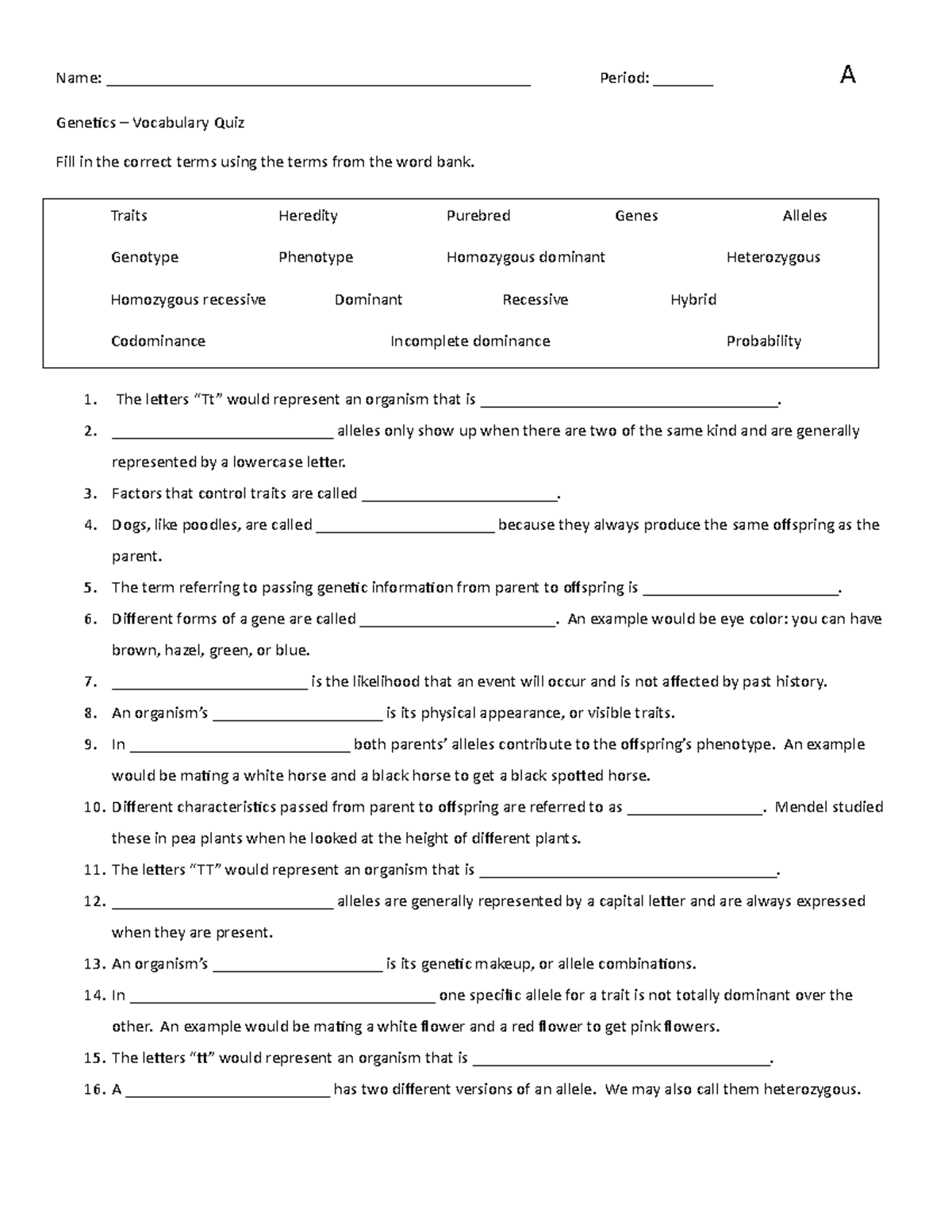 Basic Genetics Quiz-1 - Name ...