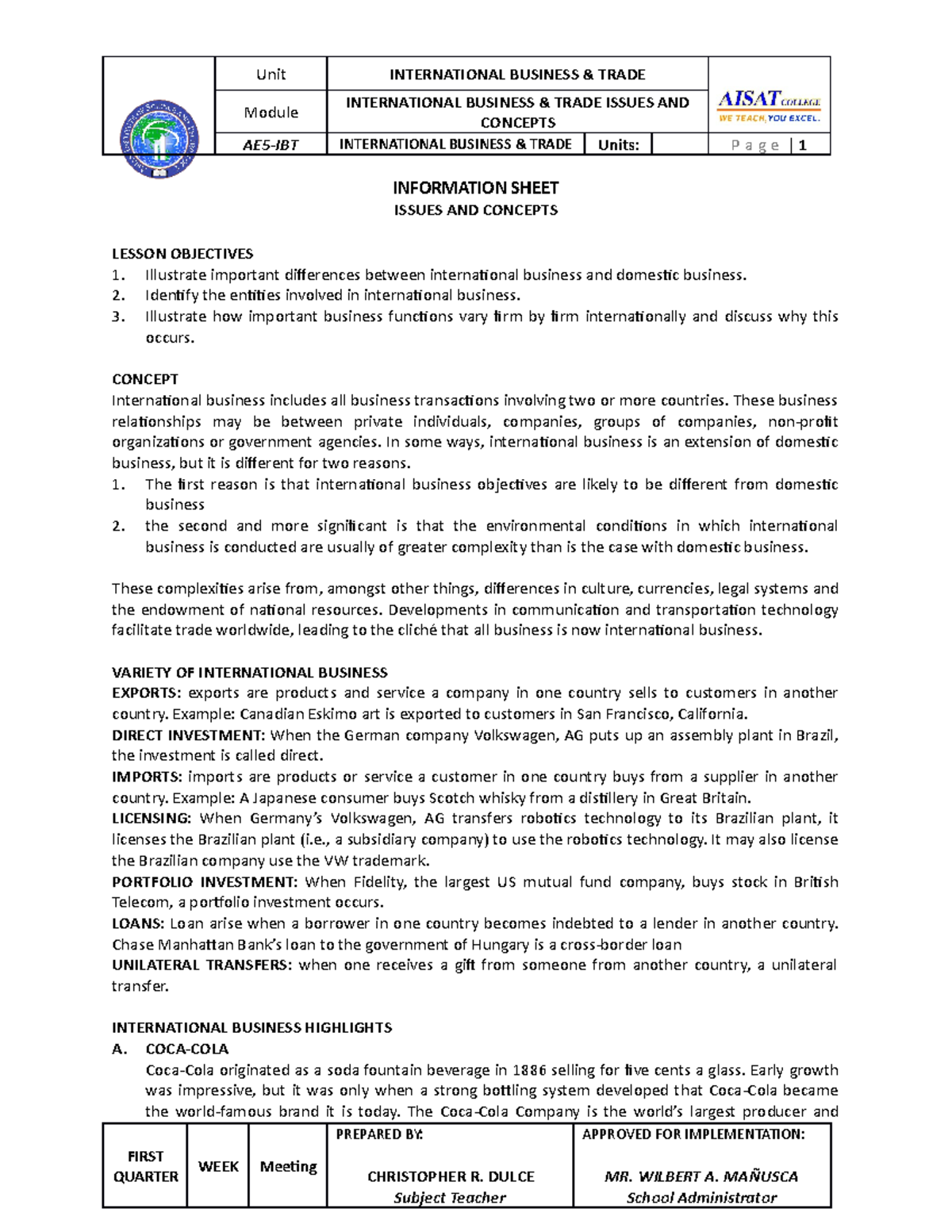 CRD Module 1 AE5 IBT1 - Module INTERNATIONAL BUSINESS & TRADE ISSUES ...