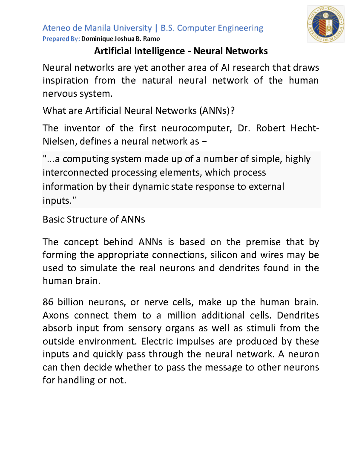 Study Guide - Artificial Intelligence - Neural Networks - Prepared By ...