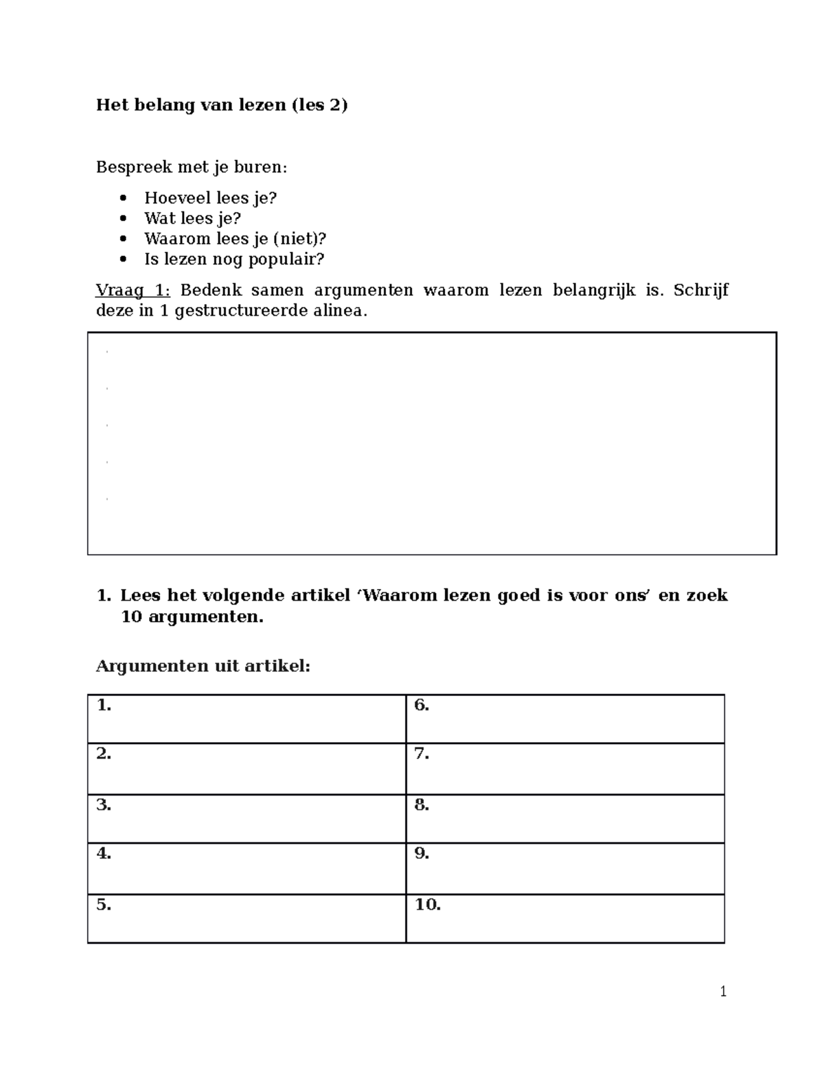 Handout Lezen 2022 2023 Het Belang Van Lezen Les 2 Bespreek Met Je