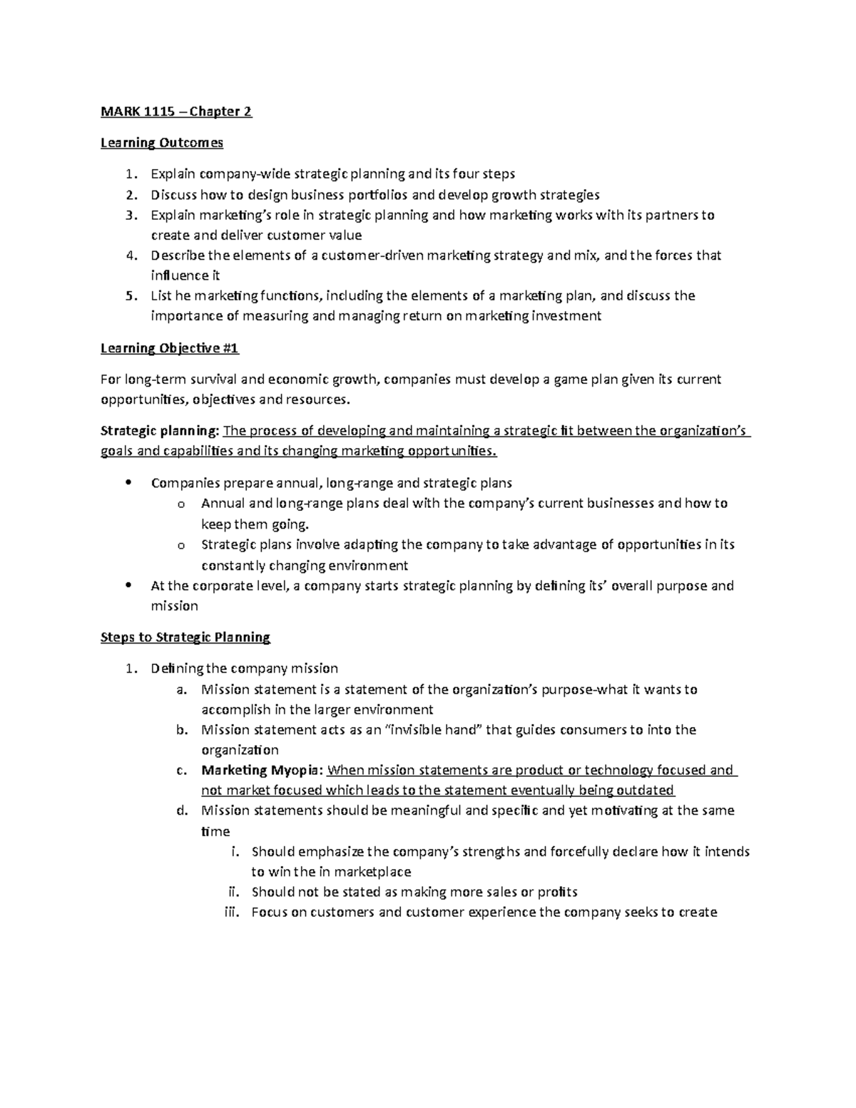 MARK 1120 - Introductory Marketing - Chapter 2 Text Notes - MARK 1115 ...