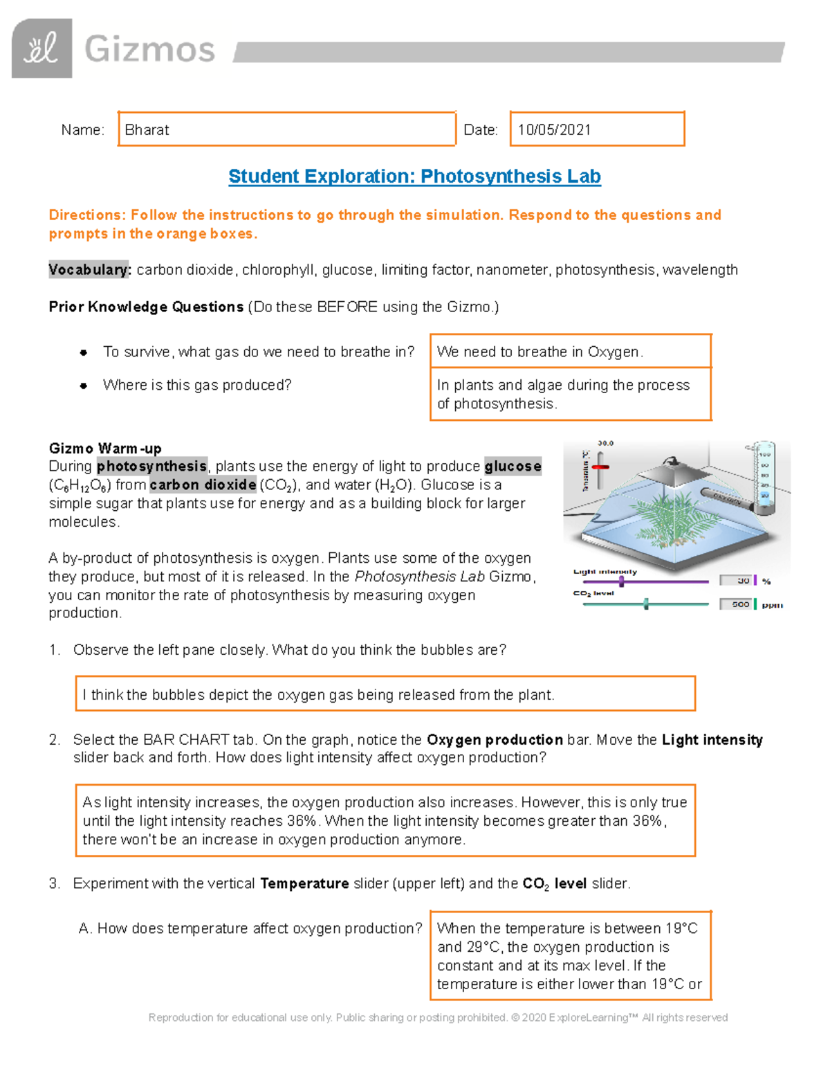 Photosynthesis Lab SE - Gizmo - Name: Bharat Date: 10/05/ Student ...