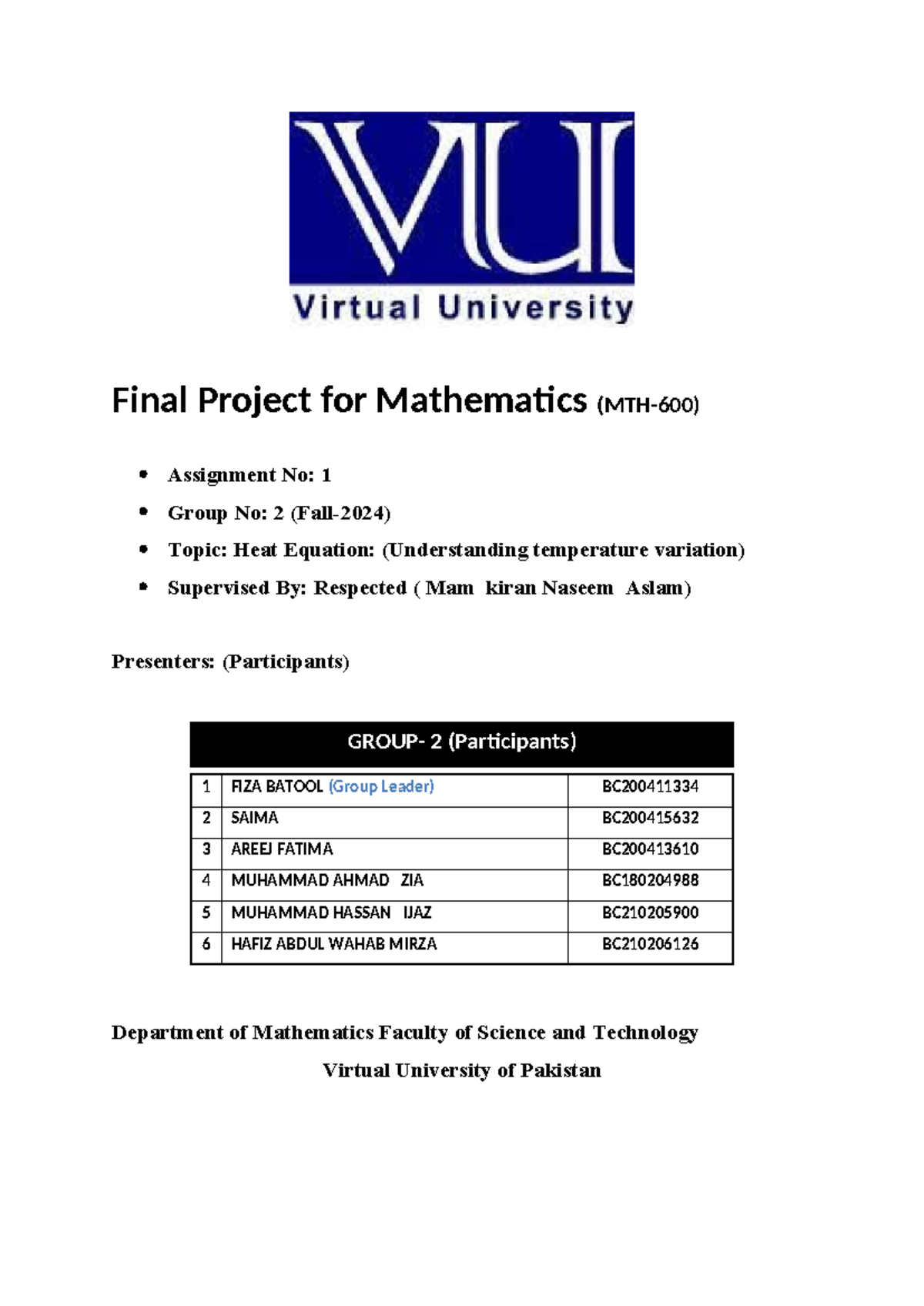 My Project Finel(heat equation) - Final Project for Mathematics (MTH ...