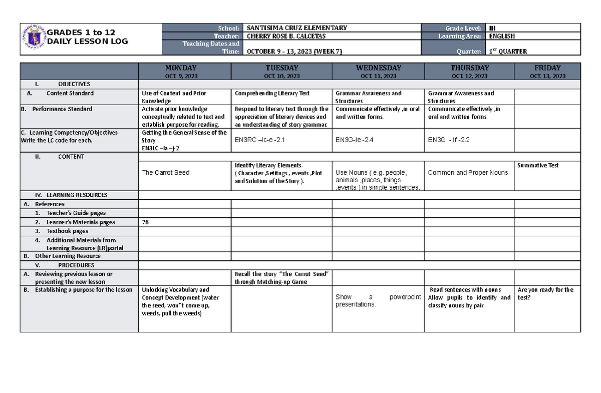 DLL English 3 Q1 W6 - GUIDE FOR DAILY LESSON - GRADES 1 to 12 DAILY ...