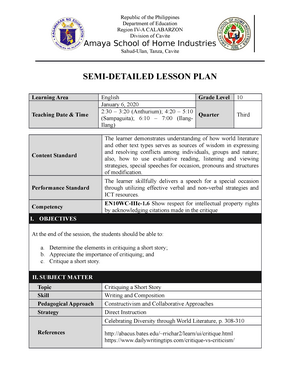 Critiquing A Short Story Lesson Plan Republic Of The Philippines Department Of Education Region Iv Calabarzon Division Of Cavite Amaya School Of Home Industries Studocu