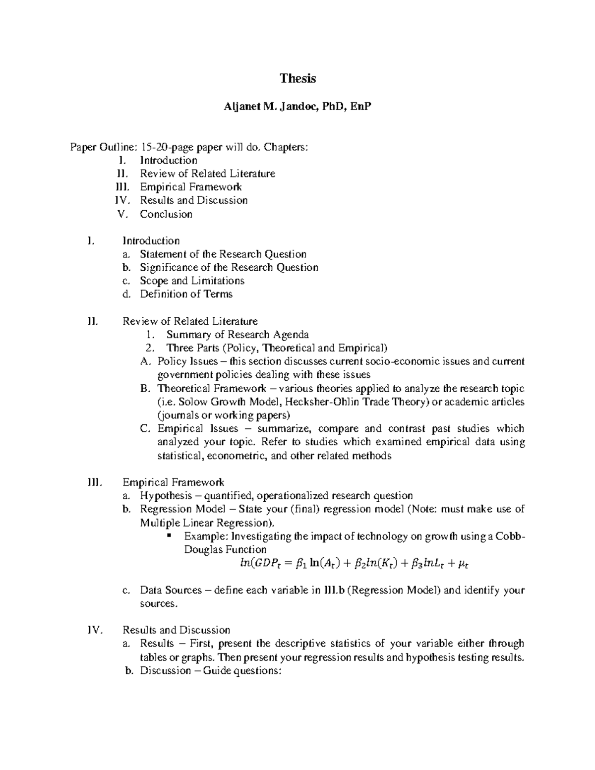 Thesis Guide - Thesis Aljanet M. Jandoc, PhD, EnP Paper Outline: 15-20 ...