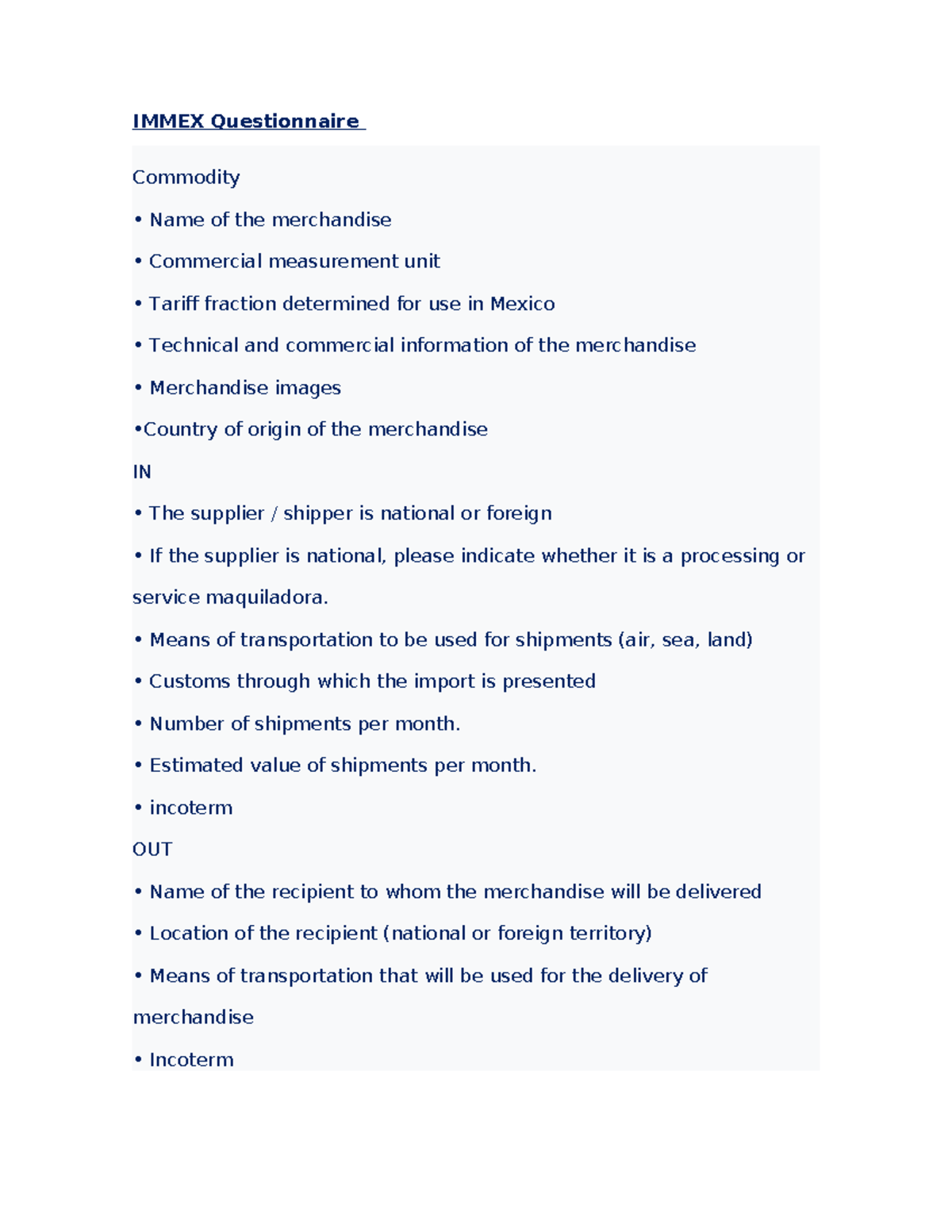 Cuestionario Immex - IMMEX Questionnaire Commodity Name of the ...