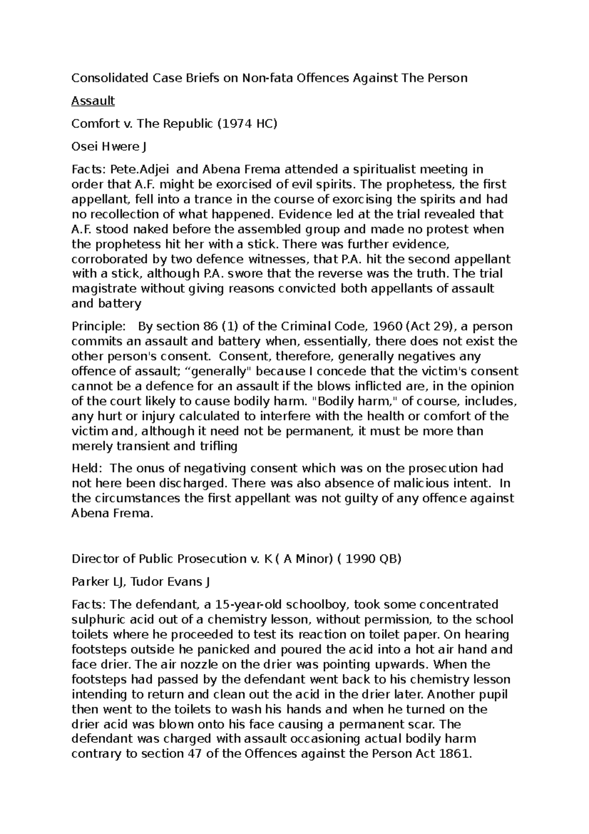 Consolidated Case Briefs on Non fatal offences Against the Person