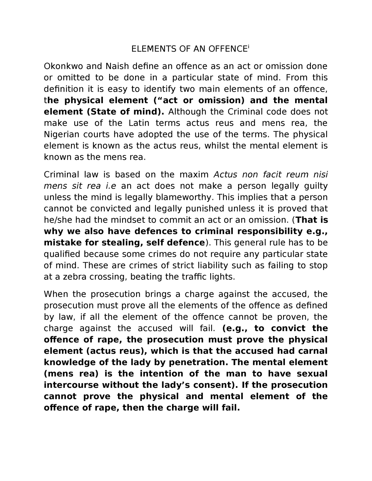 Elements OF Crimes - ELEMENTS OF AN OFFENCE i Okonkwo and Naish define ...