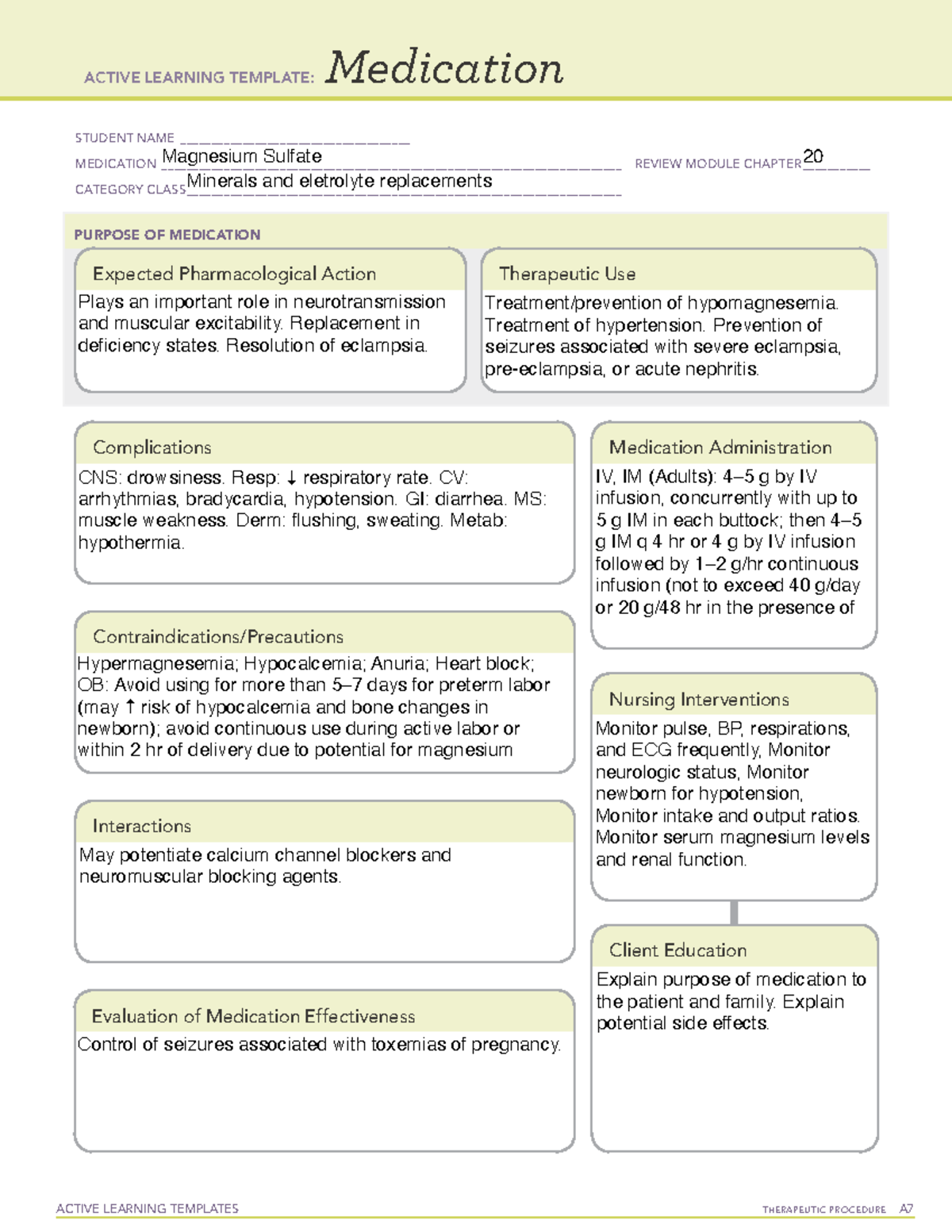 Magnesium Sulfate OB nursing ACTIVE LEARNING TEMPLATES TherapeuTic