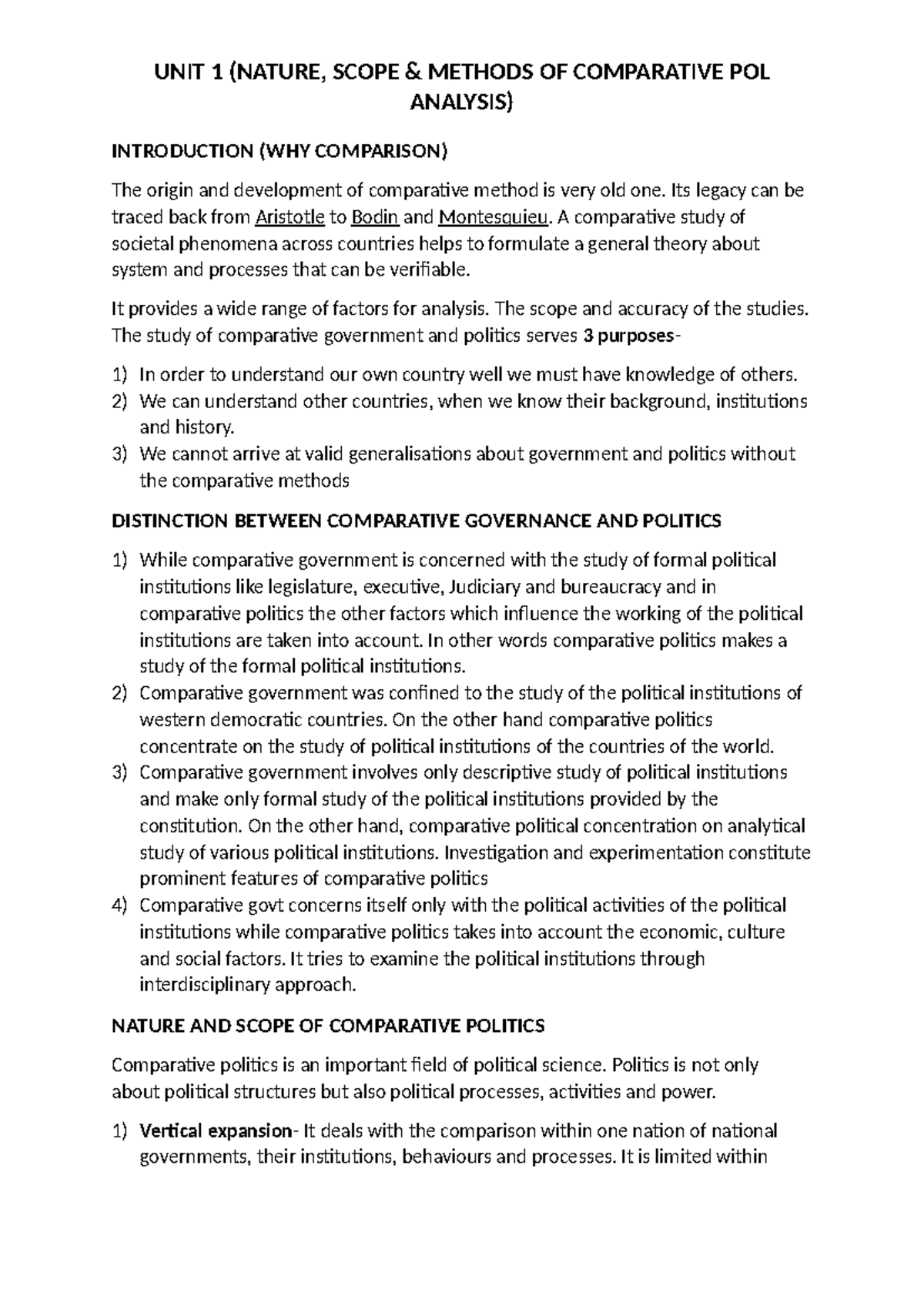 UNIT 1 - Comparative Govt and politics (notes) - ANALYSIS) INTRODUCTION ...