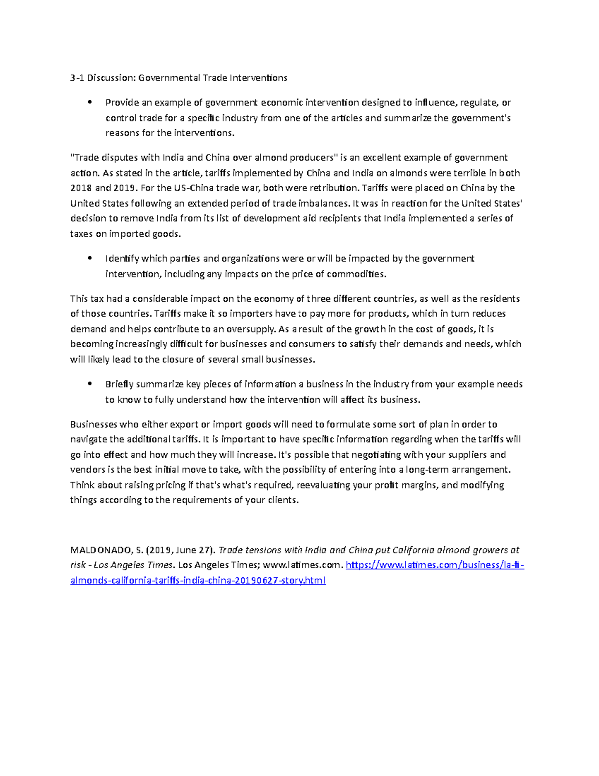 31 Discussion Governmental Trade Intervention "Trade disputes with