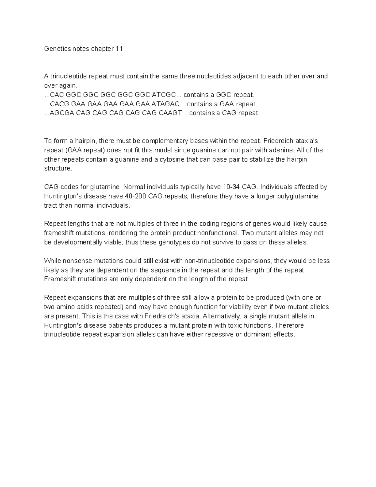 Genetics notes chapter 11 - .. GGC GGC GGC GGC GGC ATCGC... contains a ...