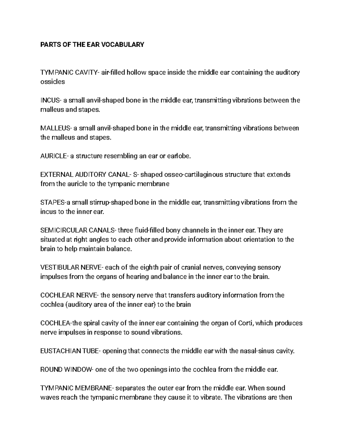 EAR Parts Vocabulary - PARTS OF THE EAR VOCABULARY TYMPANIC CAVITY- air ...