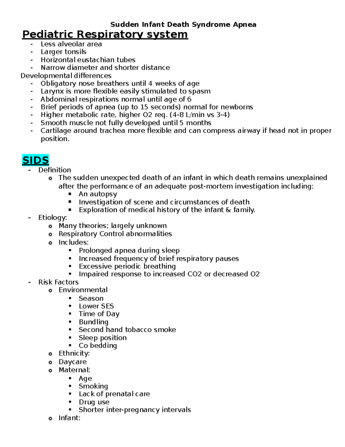 SIDs, Apnea, Asthma Notes - Pediatric Respiratory system Less alveolar ...