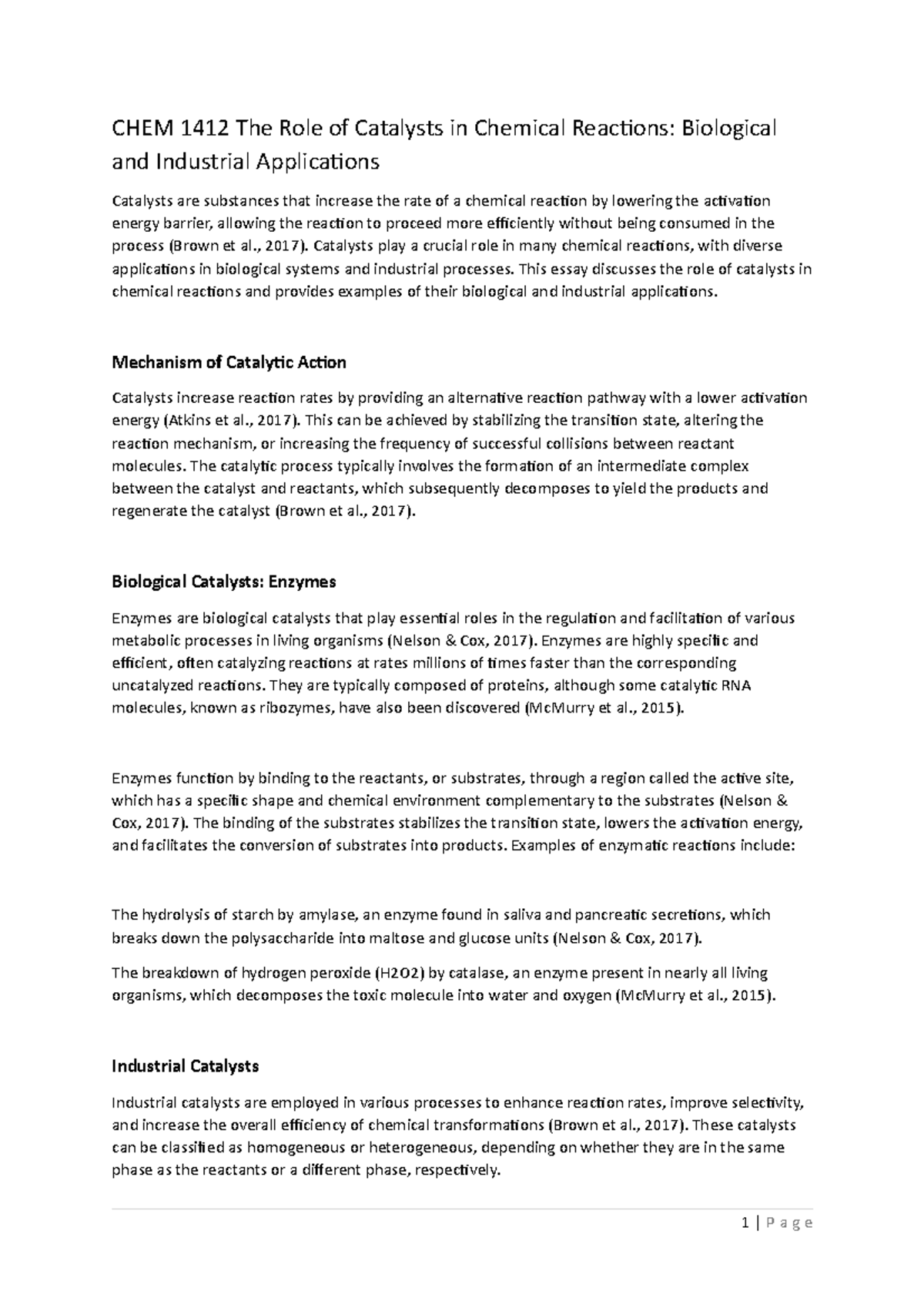 CHEM 1412 The Role of Catalysts in Chemical Reactions , 2017